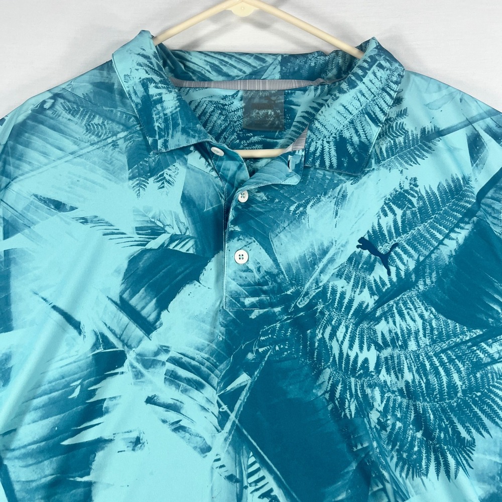 Puma Golf Mens XXL Turquoise Tropical Palm Fern Print Performance Polo Shirt